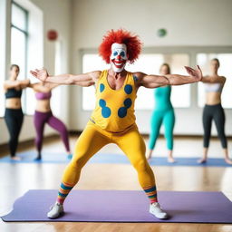 Generate an image of a clown fitness instructor leading a yoga session