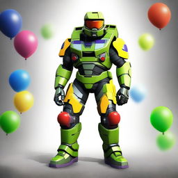 Generate an image of Master Chief from the Halo video games wearing a clown uniform