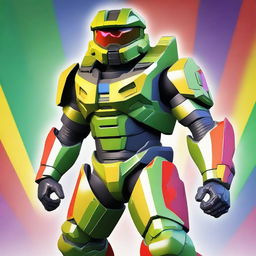 Generate an image of Master Chief from the Halo video games wearing a clown uniform