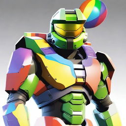 Generate an image of Master Chief from the Halo video games wearing a clown uniform