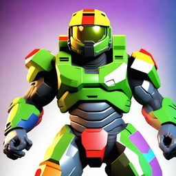 Generate an image of Master Chief from the Halo video games wearing a clown uniform