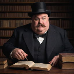 A Disney Pixar inspired image of an overweight, 45-year-old magician with a large moustache and partially bald. He should have bleak eyes, and is in a dark room filled with an abundance of magical books. Emphasize fully body portrait.