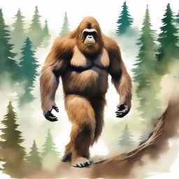 Generate an image based on the original Bigfoot picture, but rendered in a watercolor style