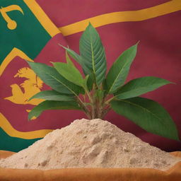 A Sri Lanka Independence Day image featuring cassava plants, sacks of cassava flour and elements of Sri Lankan flag. A bustling milieu of maroon, gold, orange, and green with native decorations.