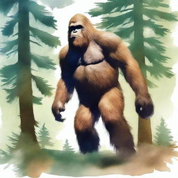 Generate an image based on the original Bigfoot picture, but rendered in a watercolor style