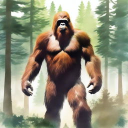 Generate an image based on the original Bigfoot picture, but rendered in a watercolor style