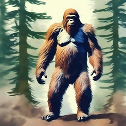 Generate an image based on the original Bigfoot picture, but rendered in a watercolor style