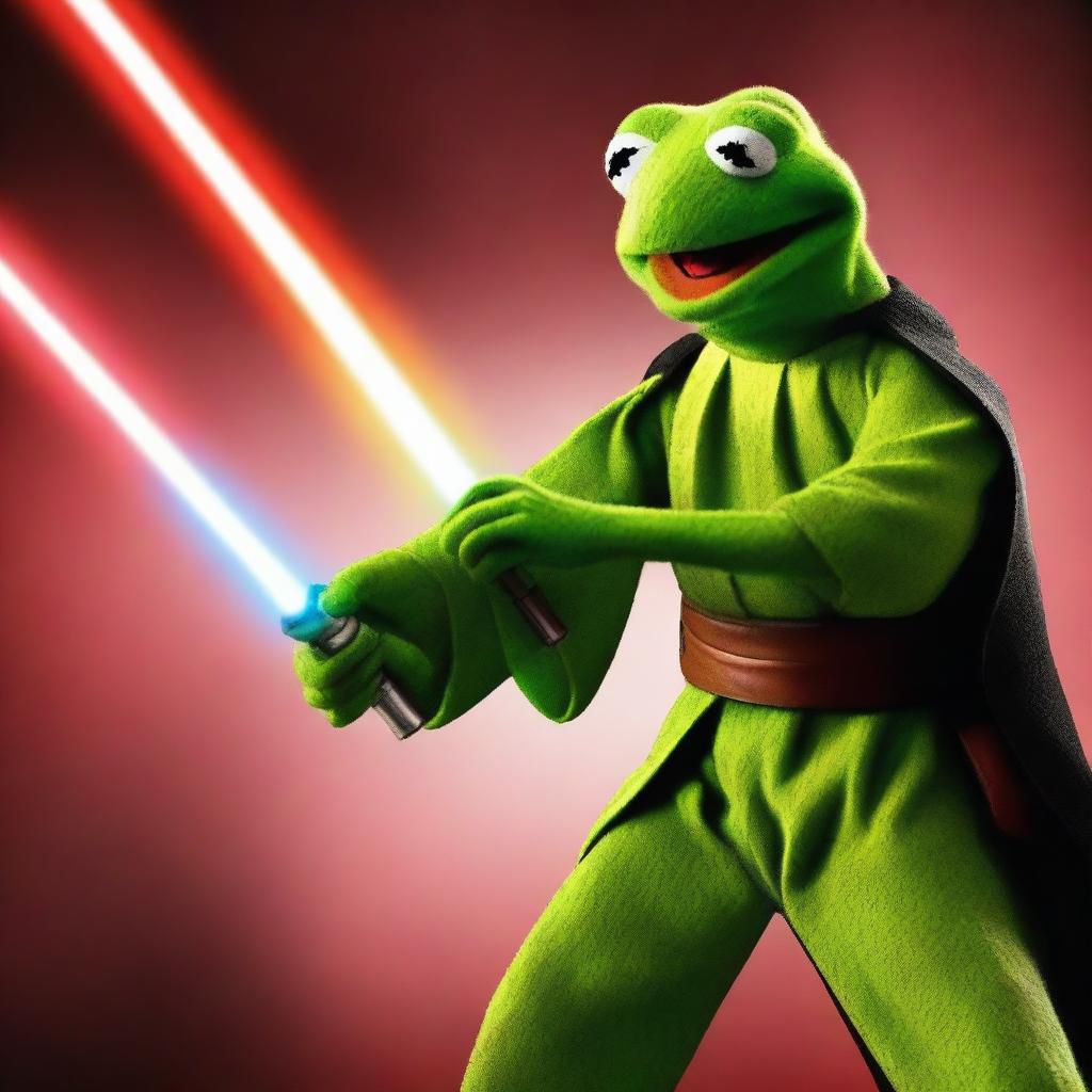 Generate an image of Kermit the Frog as a Jedi, engaged in a lightsaber duel with Gonzo, who is a Sith Lord