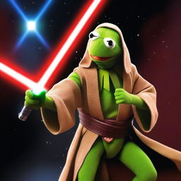 Generate an image of Kermit the Frog as a Jedi, engaged in a lightsaber duel with Gonzo, who is a Sith Lord