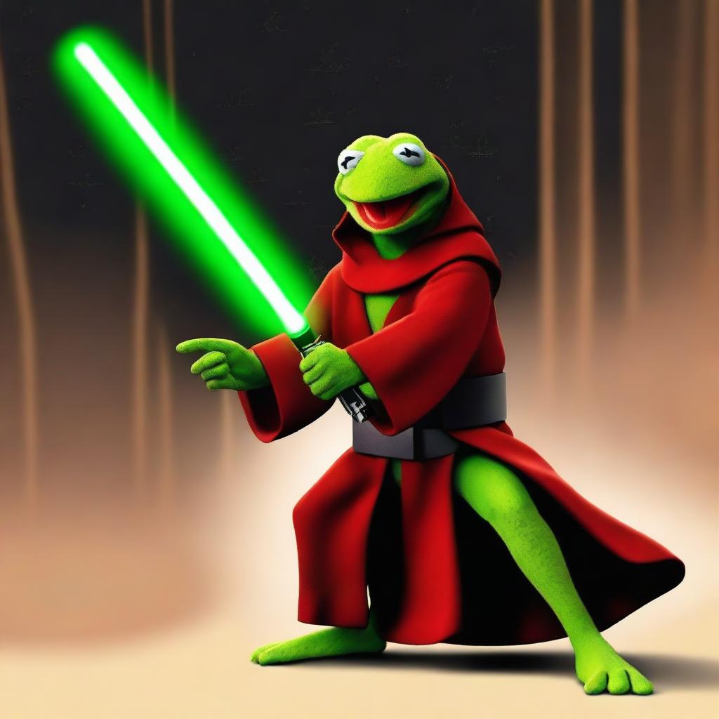 Generate an image of Kermit the Frog as a Jedi, engaged in a lightsaber duel with Gonzo, who is a Sith Lord