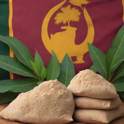 A Sri Lanka Independence Day image featuring cassava plants, sacks of cassava flour and elements of Sri Lankan flag. A bustling milieu of maroon, gold, orange, and green with native decorations.