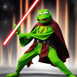 Generate an image of Kermit the Frog as a Jedi, engaged in a lightsaber duel with Gonzo, who is a Sith Lord