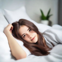 A young brunette teenager with long hair is lying in bed