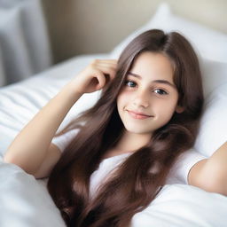 A young brunette teenager with long hair is lying in bed