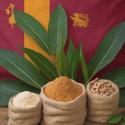 A Sri Lanka Independence Day image featuring cassava plants, sacks of cassava flour and elements of Sri Lankan flag. A bustling milieu of maroon, gold, orange, and green with native decorations.