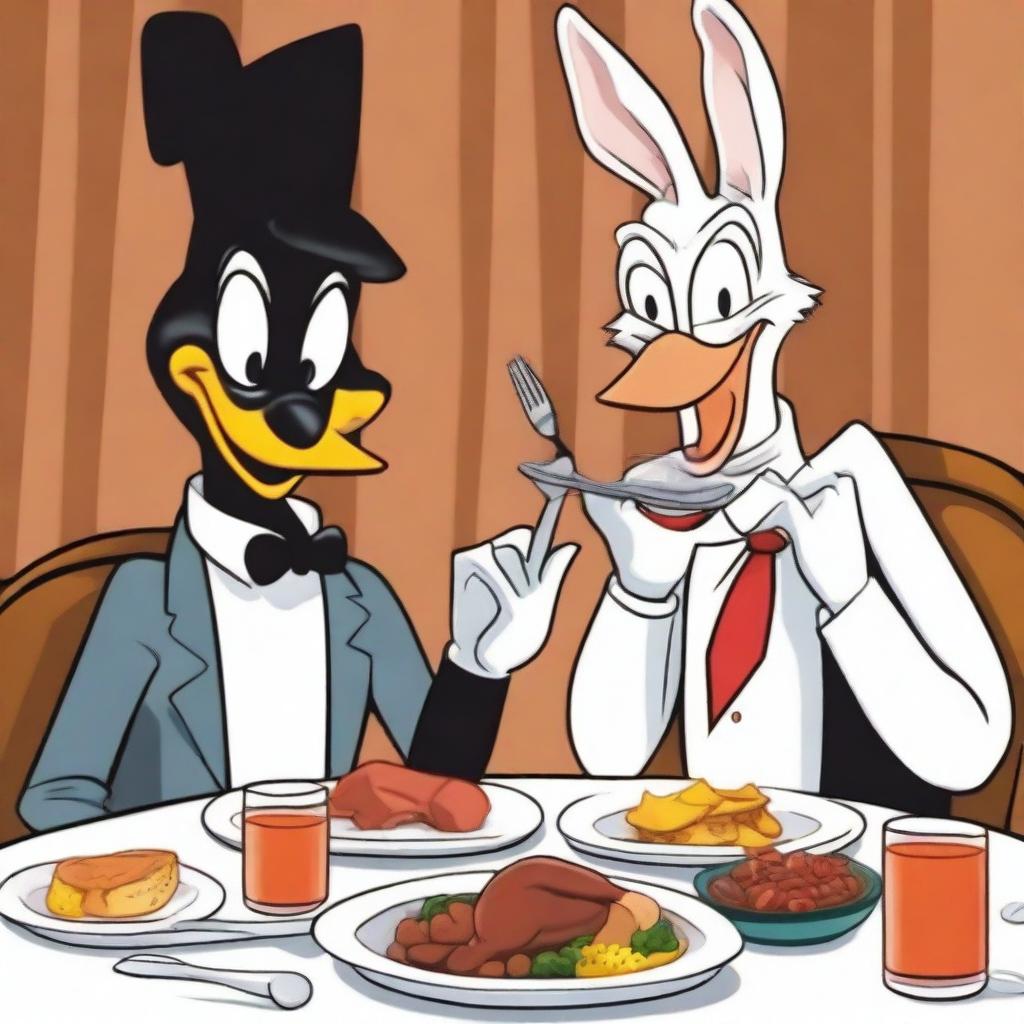 Generate an image of Daffy Duck and Bugs Bunny sitting at a dinner table with cutlery in their hands