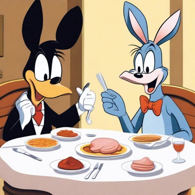 Generate an image of Daffy Duck and Bugs Bunny sitting at a dinner table with cutlery in their hands