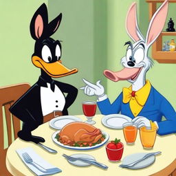 Generate an image of Daffy Duck and Bugs Bunny sitting at a dinner table with cutlery in their hands