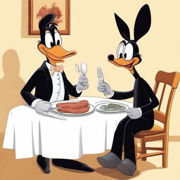 Generate an image of Daffy Duck and Bugs Bunny sitting at a dinner table with cutlery in their hands