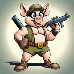 Generate an image of Porky Pig stylized as Rambo