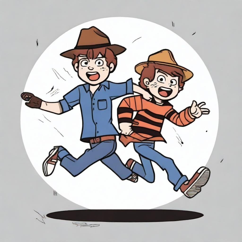 Generate an image of Dipper Pines from Gravity Falls being chased by Freddy Krueger from Nightmare on Elm Street