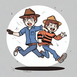 Generate an image of Dipper Pines from Gravity Falls being chased by Freddy Krueger from Nightmare on Elm Street