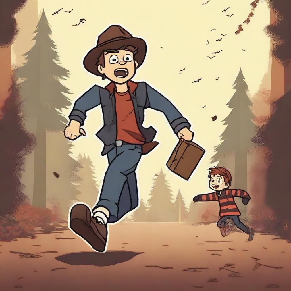 Generate an image of Dipper Pines from Gravity Falls being chased by Freddy Krueger from Nightmare on Elm Street