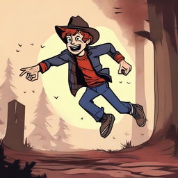 Generate an image of Dipper Pines from Gravity Falls being chased by Freddy Krueger from Nightmare on Elm Street