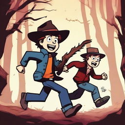 Generate an image of Dipper Pines from Gravity Falls being chased by Freddy Krueger from Nightmare on Elm Street