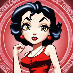 Create an image of the iconic character Betty Boop, but reinterpret her in the style of a typical anime character, maintaining her recognizable features like her short black hair, red dress, and hoop earrings