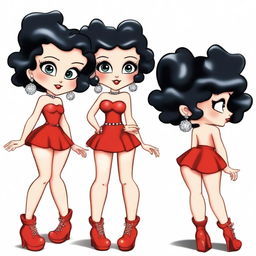 Create an image of the iconic character Betty Boop, but reinterpret her in the style of a typical anime character, maintaining her recognizable features like her short black hair, red dress, and hoop earrings