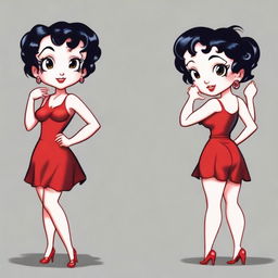 Create an image of the iconic character Betty Boop, but reinterpret her in the style of a typical anime character, maintaining her recognizable features like her short black hair, red dress, and hoop earrings