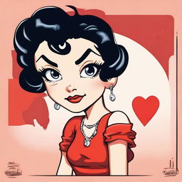 Create an image of the iconic character Betty Boop, but reinterpret her in the style of a typical anime character, maintaining her recognizable features like her short black hair, red dress, and hoop earrings