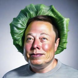 Generate an image of Elon Musk, but instead of his usual human form, depict him as a cabbage