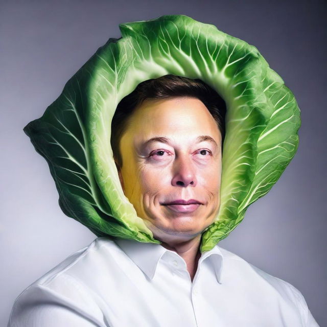 Generate an image of Elon Musk, but instead of his usual human form, depict him as a cabbage