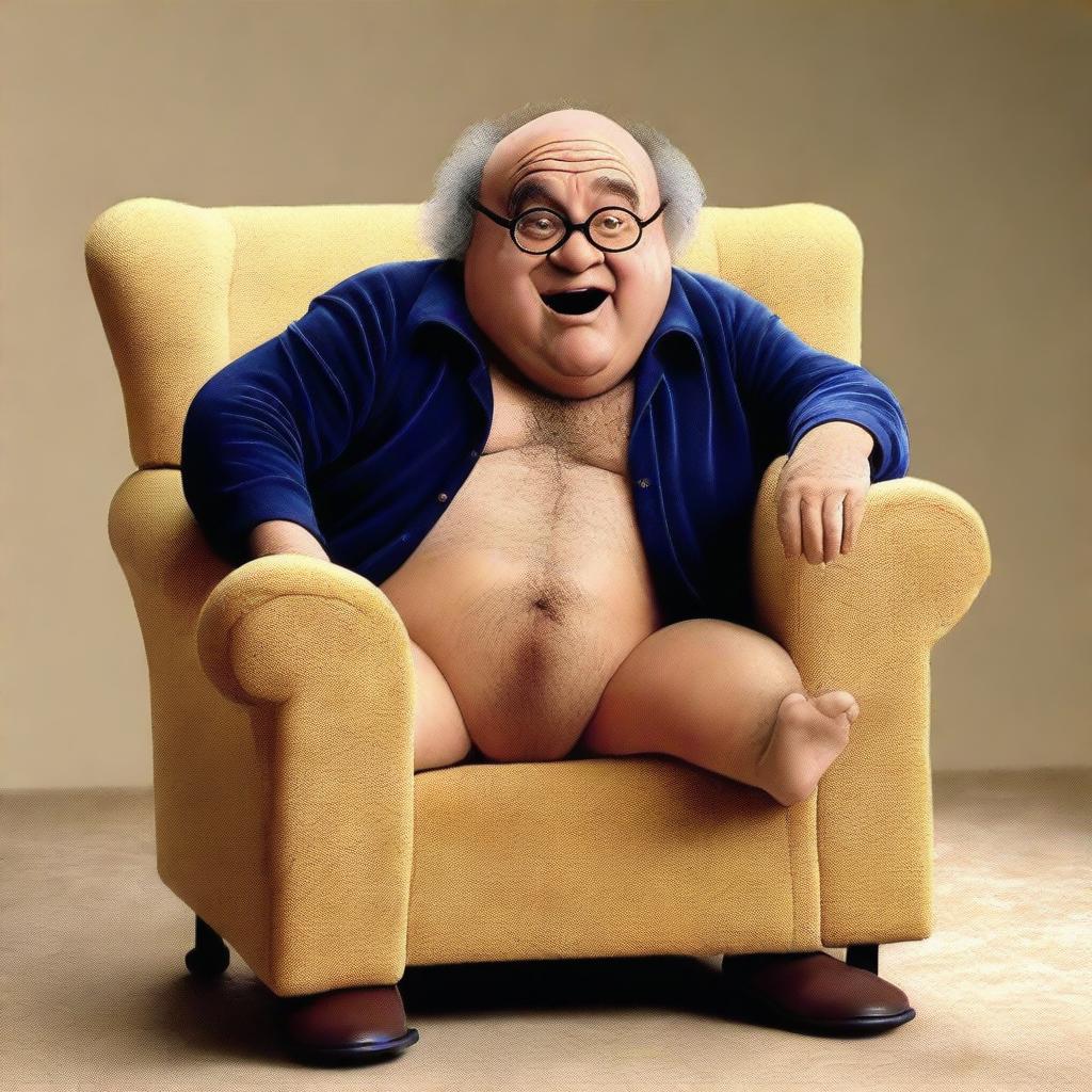 Generate an image of Danny Devito, the actor, humorously emerging from inside a couch