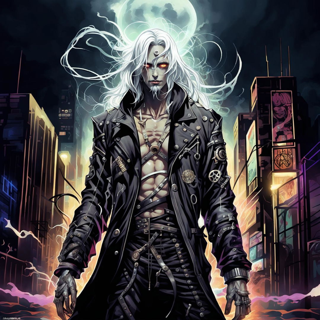 Digital art of Ghostpunk Jesus, a spectral figure with punk attire in a grungy cityscape at night. He has a devilish grin and holds a microphone stand made of ethereal energy and rusted iron.