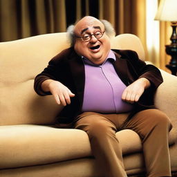 Generate an image of Danny Devito, the actor, humorously emerging from inside a couch