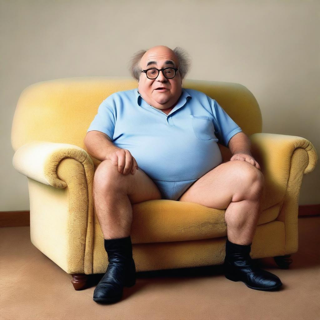 Generate an image of Danny Devito, the actor, humorously emerging from inside a couch