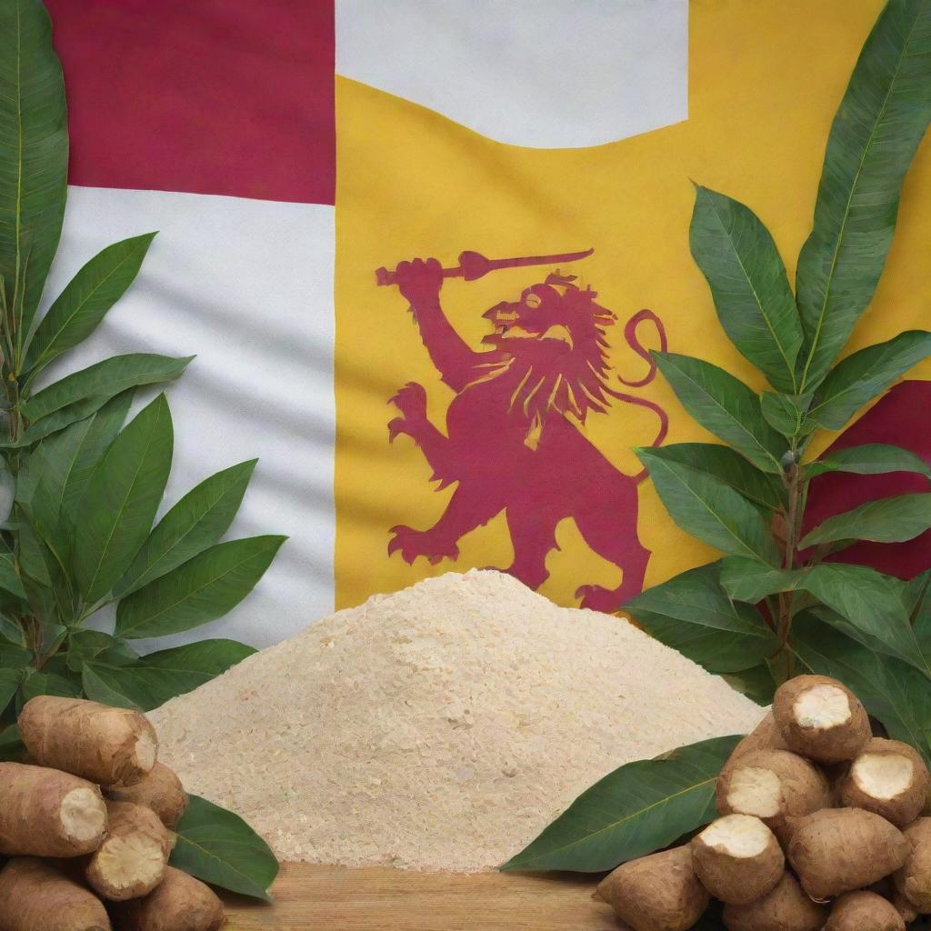 Vibrant Sri Lanka Independence Day image, featuring the national flag with the lion symbol, amid cassava plants and sacks of white cassava flour. Prominent colors of yellow, maroon and green adding to the festivity.