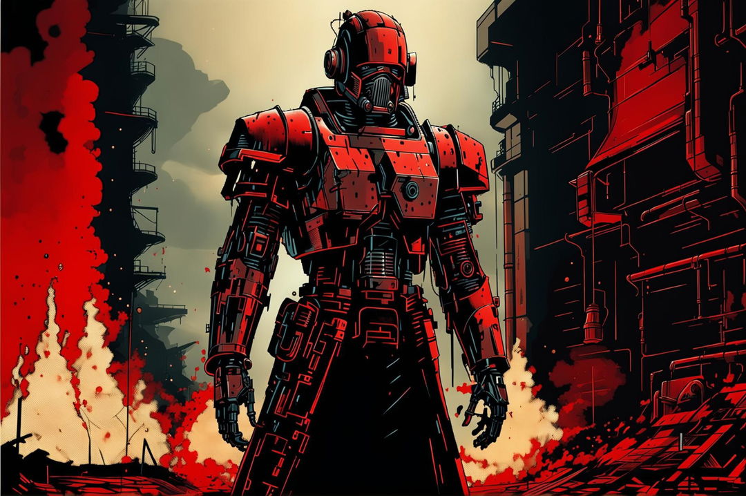 A cinematic, high-resolution image of a distinctive robot in a dark, devastated world, dominated by red and fog