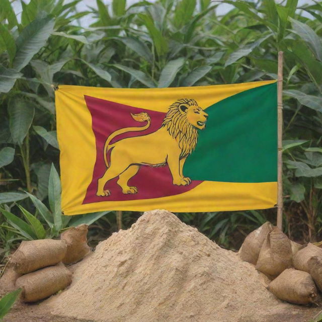 Vibrant Sri Lanka Independence Day image, featuring the national flag with the lion symbol, amid cassava plants and sacks of white cassava flour. Prominent colors of yellow, maroon and green adding to the festivity.