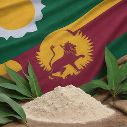 Vibrant Sri Lanka Independence Day image, featuring the national flag with the lion symbol, amid cassava plants and sacks of white cassava flour. Prominent colors of yellow, maroon and green adding to the festivity.