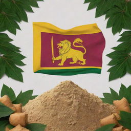 Vibrant Sri Lanka Independence Day image, featuring the national flag with the lion symbol, amid cassava plants and sacks of white cassava flour. Prominent colors of yellow, maroon and green adding to the festivity.