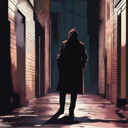 Generate an image that depicts a thrilling crime scene, possibly a dark alleyway with a mysterious figure, a dropped weapon, and a sense of tension and suspense