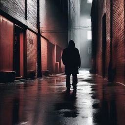 Generate an image that depicts a thrilling crime scene, possibly a dark alleyway with a mysterious figure, a dropped weapon, and a sense of tension and suspense