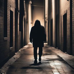 Generate an image that depicts a thrilling crime scene, possibly a dark alleyway with a mysterious figure, a dropped weapon, and a sense of tension and suspense