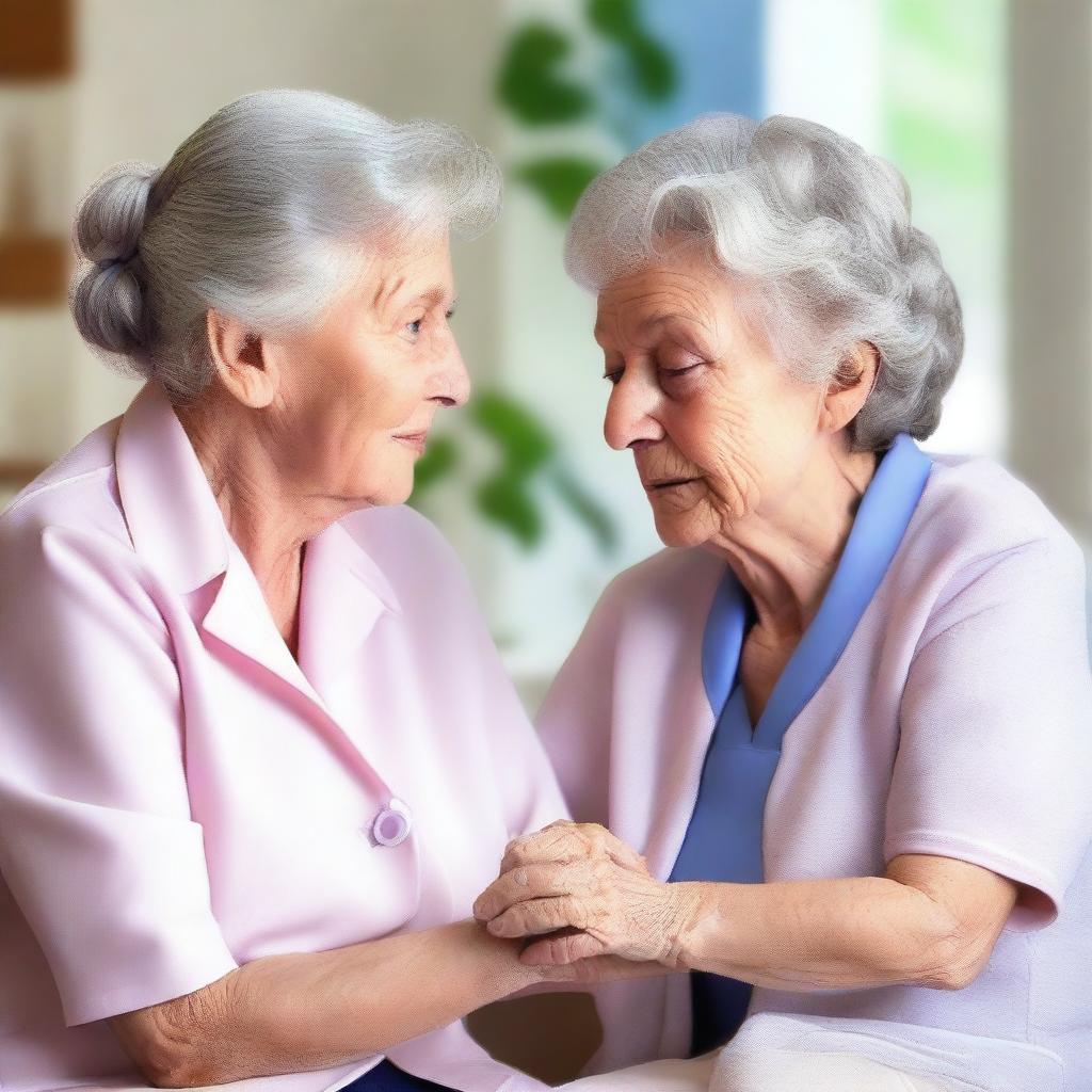 Generate an image of a young caregiver tenderly treating an elderly lady