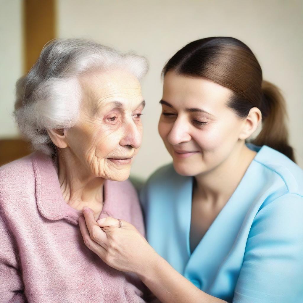 Generate an image of a young caregiver tenderly treating an elderly lady