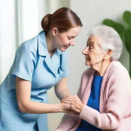 Generate an image of a young caregiver tenderly treating an elderly lady